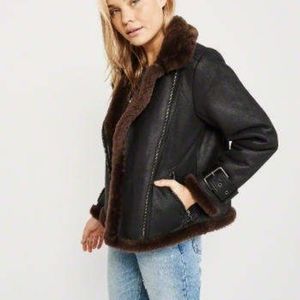 Abercrombie black and brown faux shearling aviator moto jacket xs